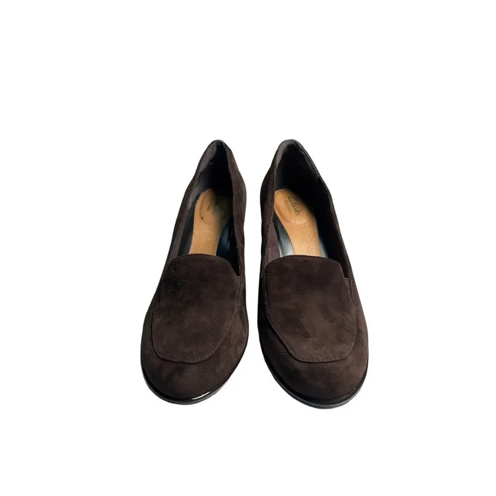 Clark's Elegant Brown Suede Wedge‎ Loafers Comfortable Slip-On Shoes